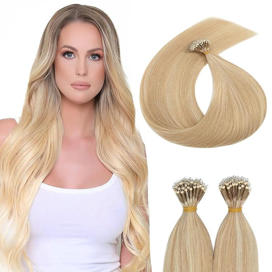Nano Bead Human Hair Extensions with Nano-bond Hair Extensions - Silky Straight Natural 50g/50 Stands 24" Ash Blonde & Bleach Blonde Mix