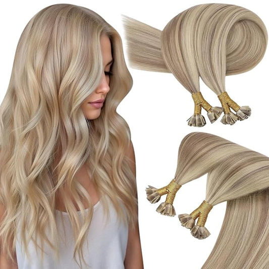 Sunny Hair Flat Tip Hair Extensions Ash Blonde Highlight Golden Blonde Keratin Tips Hair Eextensions 22inch Remy K Tip Hair Extensions Effortless Highlights 50g
