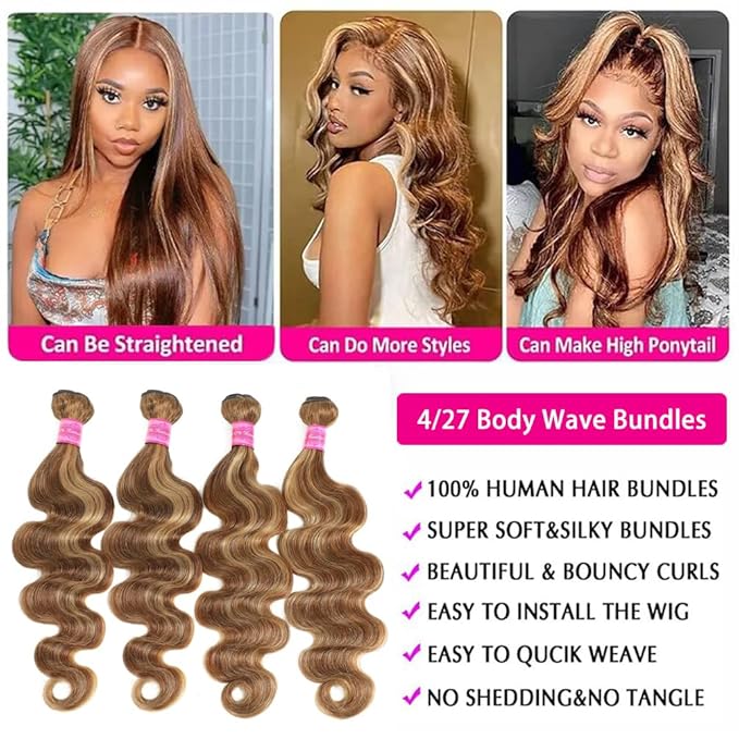 YISEA Ombre P4/27 Body Wave Bundles Human Hair （22 24 26 28 inch） 12A Highlight Dark Brown with Honey Blonde Mix Human Hair Body Wave Bundles Sew-In for Black Women Silky and Soft