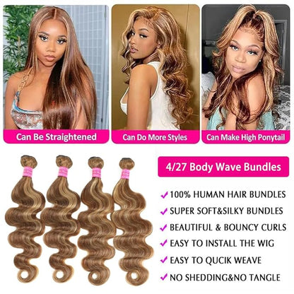 YISEA Ombre P4/27 Body Wave Bundles Human Hair （22 24 26 28 inch） 12A Highlight Dark Brown with Honey Blonde Mix Human Hair Body Wave Bundles Sew-In for Black Women Silky and Soft