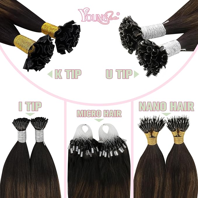 YoungSee Ktip Hair Extensions Human Hair Balayage Brown K Tip Extensions Human Hair Dark Brown with Medium Brown Ombre Ktips Human Hair Extensions 16Inch Hair Extensions for Women 50G/S