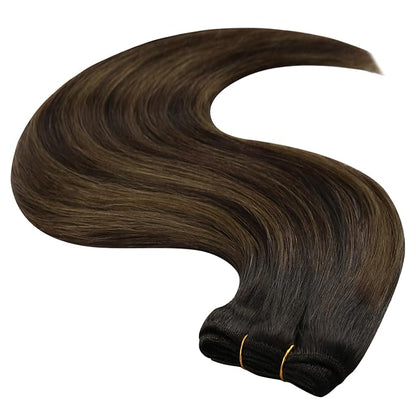 YoungSee Sew in Hair Extensions Brown Balayage Weft Human Hair Extensions Balayage Darkest Brown Mixed with Light Brown Human Hair Weft Extensions Balayage Reduces Combing and Pulling 16Inch 100G