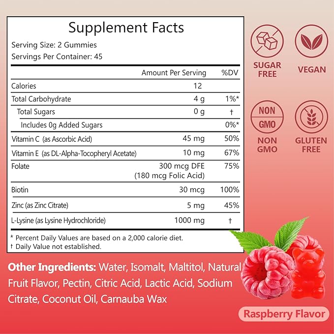 ABYSSUS L-Lysine Gummies 1000mg for Women - with Biotin, Vitamin C, Zinc & Folate - Hair Skin Nails & Immune Support - Sugar Free, 90 Count