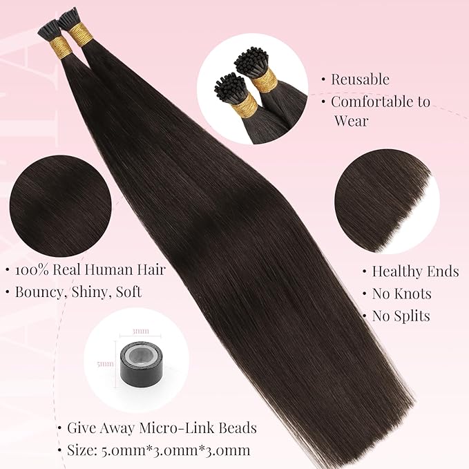 MAXITA I Tip Hair Extensions Human Hair,50g/100s Dark Brown 16 Inch Comfortable Wear, Invisible & Natural Cold Fusion, 100% Remy Human Hair Itip Keratin Hair Extensions