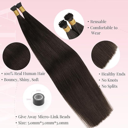MAXITA I Tip Hair Extensions Human Hair,50g/100s Dark Brown 16 Inch Comfortable Wear, Invisible & Natural Cold Fusion, 100% Remy Human Hair Itip Keratin Hair Extensions