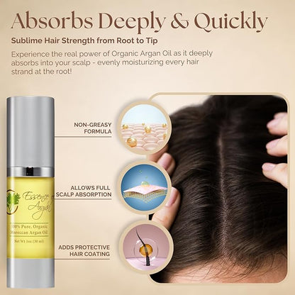 Essence Of Argan Pure Argan Oil for Hair, Skin & Nails - Natural Eco-Certified Cold Pressed Oil for Skin Moisturization - Non-Greasy Formula for Hair and Nail Growth - 1 Oz /30ml