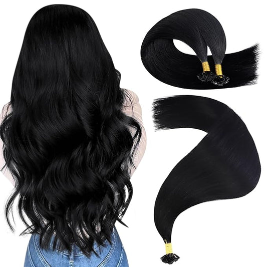 YoungSee Ktip Human Hair Extensions Jet Black 24inch Remy Hair Extensions K Tip Jet Black Keratin Human Hair Extensions Black Soft and Silky K Tip Extensions Long Straight Hair 50s/50g