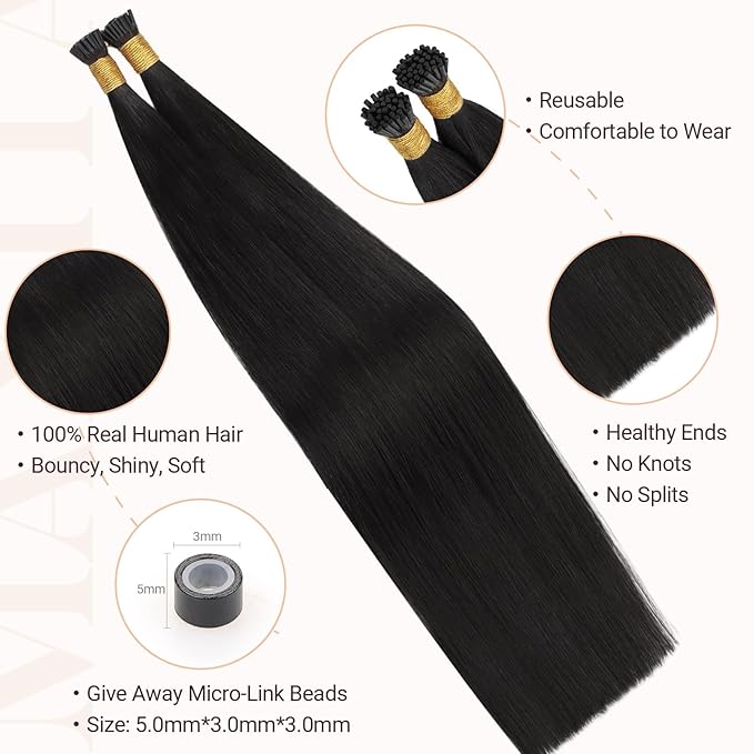 MAXITA I Tip Hair Extensions Human Hair,Natural Black 100g/50s 22 Inch, Comfortable Wear, 100% Remy Human Hair, Real Human Itip Keratin Hair Extensions