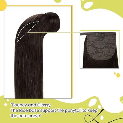 RUNATURE Dark Brown Ponytail Extension Real Human Hair Short Ponytail Hair Extensions Remy Hair Straight Brazilian Pony Tails Hair Extensions Clips 12 Inch Human Hair Ponytail Extension Silky 70g
