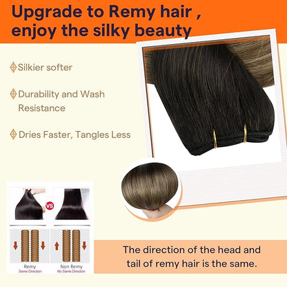 Full Shine Weft Hair Extensions Human Hair Invisible Sew In Hair Extensions Real Human Hair Sew In Extensions Remy Hair Balayage Weft Extensions Color Natural Black To Light Brown Mix Blonde 22 Inch