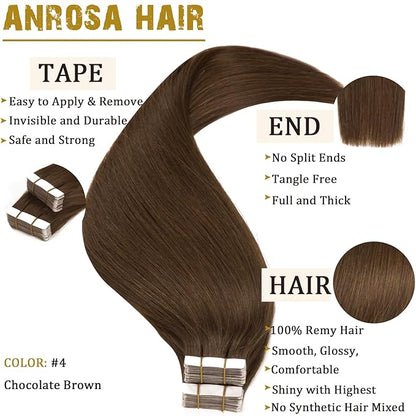 Anrosa Hair Extensions Tape in Color Chocolate Brown 18 Inch 20 Pcs 50g Fashion Tape in Extensions Silky Straight Brazilian Hair