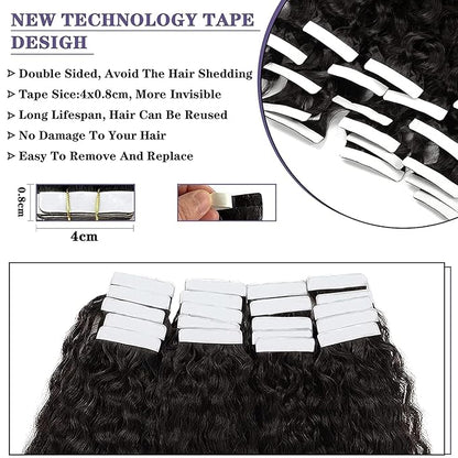 Anrosa Tape In Kinky Curly Hair Extensions Human Hair Natural Black 1B Color 14 inch 3B 3C Jerry Curly Tape in Hair Extensions Human Hair Black Women 20pcs 50g