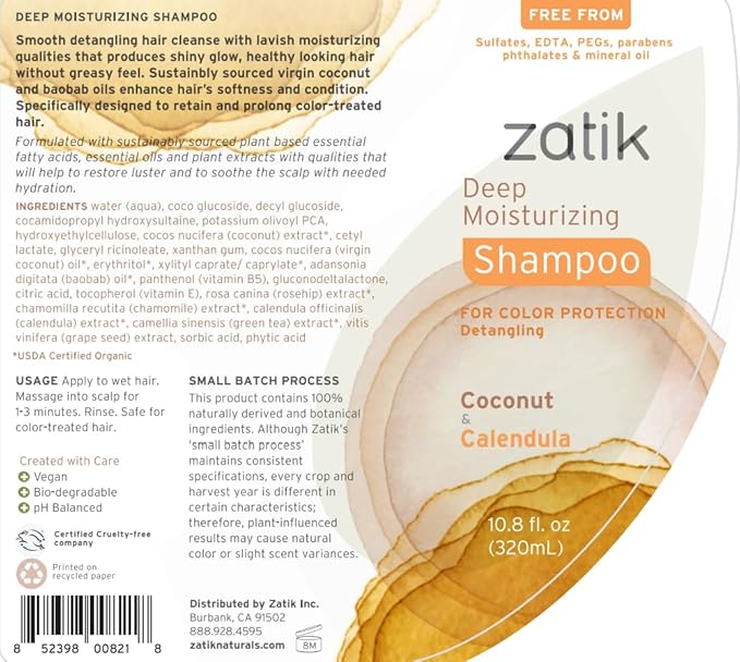 Zatik Naturals - Deep Moisturizing Shampoo + Conditioner Set - Coconut & Calendula, for Colored, Dry damaged Hair, Bio-degradable, pH Balanced, FREE from Parabens, fragrances, 10.8 fl oz (One of Each)