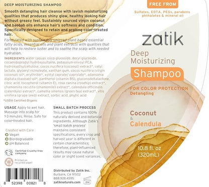 Zatik Naturals - Deep Moisturizing Shampoo + Conditioner Set - Coconut & Calendula, for Colored, Dry damaged Hair, Bio-degradable, pH Balanced, FREE from Parabens, fragrances, 10.8 fl oz (One of Each)