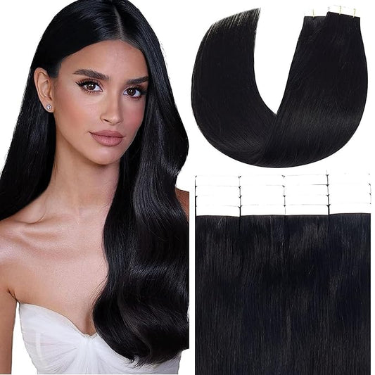 Anrosa Real Human Hair Tape in Extensions Black 20Inch Double Sided Tape for Skin Weft Hair Extensions 50Gram Color Jet Black Seamless Tape in Hair Extensions Straight Human Hair 20Pcs Silky