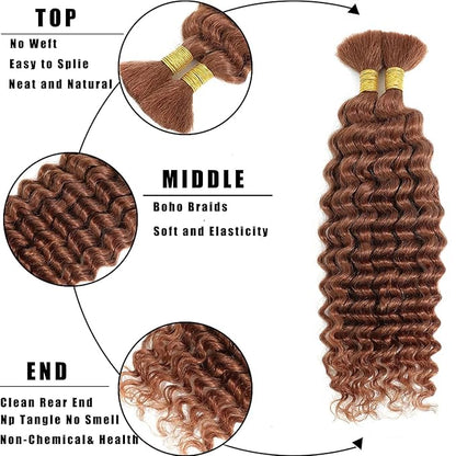 #30 Brown Human Braiding Hair Deep Wave Bulk 20 20 20 Inch Human Hair Weave 3 Bundle Unprocessed Brazilian Virgin Hair Light Brown Deep Curly Braiding Hair Extensions 50 Grams/Bundle