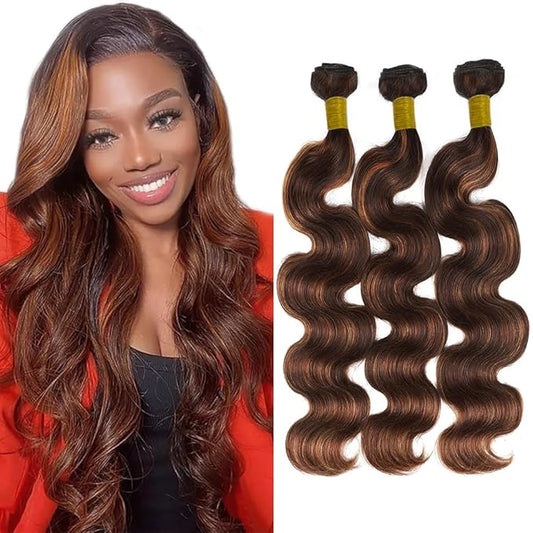 P1B30 Bundles With Highlights Human Hair 26 28 30 Brown Body Wave Bundles Human Hair Double Weft Brazilian Virgin Remy Hair Extensions Silky Soft For Women 3Pcs/Set Deals