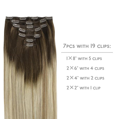 WENNALIFE Hair Extensions Clip In, 24 Inch 120g 7pcs Clip in Hair Extensions Real Human Hair Ombre Walnut Brown to Ash Brown and Bleach Blonde Remy Coloured Human Hair Extensions