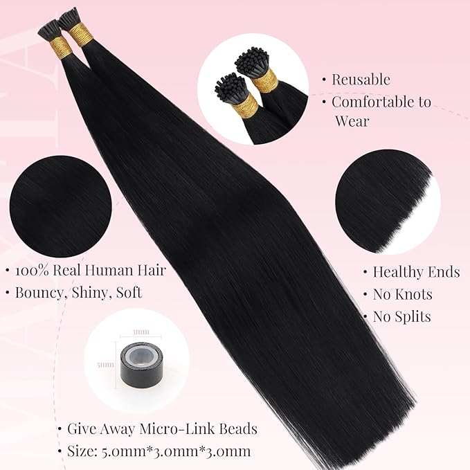 MAXITA I Tip Hair Extensions Human Hair,50g/50s Jet Black 22 Inch Comfortable Wear, Invisible & Natural Cold Fusion, 100% Remy Human Hair Itip Keratin Hair Extensions