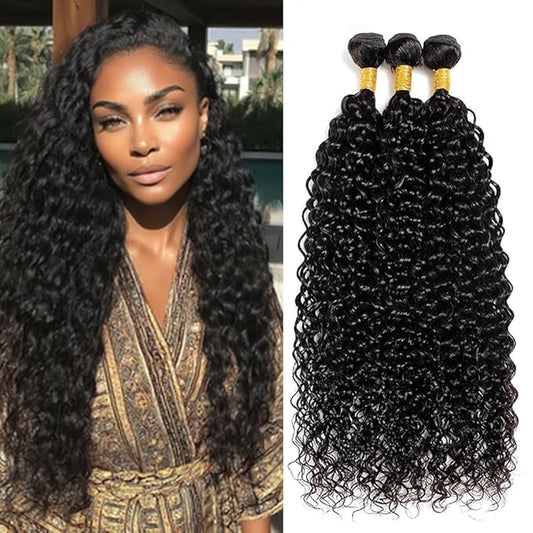 26 28 30 Inch #1B Curly Human Hair Bundles Natural Black Curly Bundles Brazilian Remy Weave Hair Extensions Soft and Silky for Women