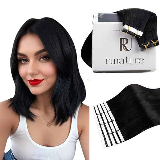 RUNATURE Black Tape in Extensions Real Human Hair, Jet Black Tape in Hair Extensions Human Hair, Remy Natural Hair Tape ins Extensions for Women, Soft Silky Hair, Long Lasting, 12 Inch 30g 20pcs