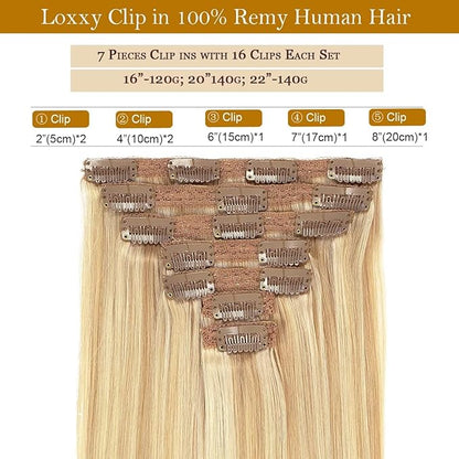 Loxxy New Version Thickened Double Weft Brazilian Human Hair 20 Inch Light Golden Brown Mixed Platinum Blonde Clip in Extensions Human Hair Full Head For Women Color P#12/60 140g