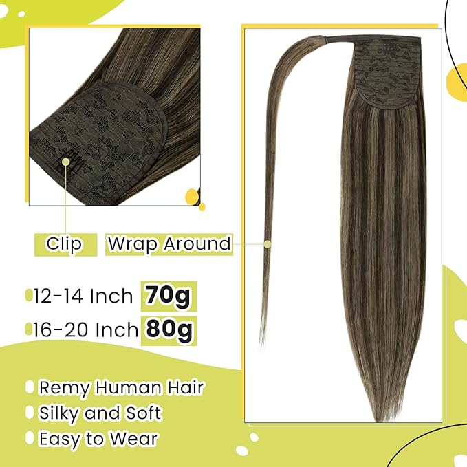 RUNATURE Human Hair Ponytail Wrap Around Ponytail Extension Human Hair with Magic Paste Long Real Ponytail Hair Extensions 20 Inch 80g #2P8A Dark Brown Highlight Light Brown