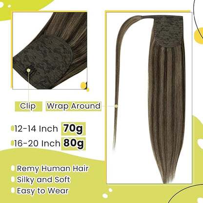 RUNATURE Human Hair Ponytail Wrap Around Ponytail Extension Human Hair with Magic Paste Long Real Ponytail Hair Extensions 20 Inch 80g #2P8A Dark Brown Highlight Light Brown