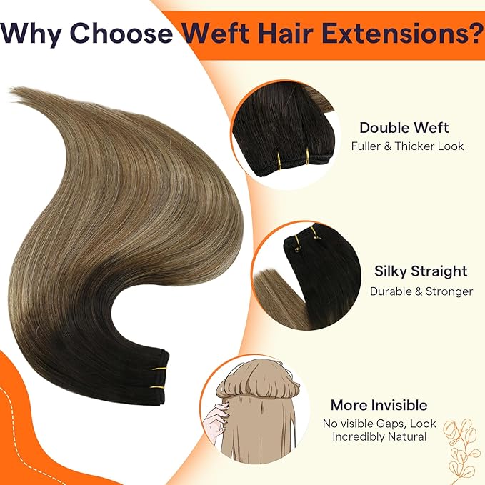 Full Shine Weft Hair Extensions Human Hair Invisible Sew In Hair Extensions Real Human Hair Sew In Extensions Remy Hair Balayage Weft Extensions Color Natural Black To Light Brown Mix Blonde 22 Inch