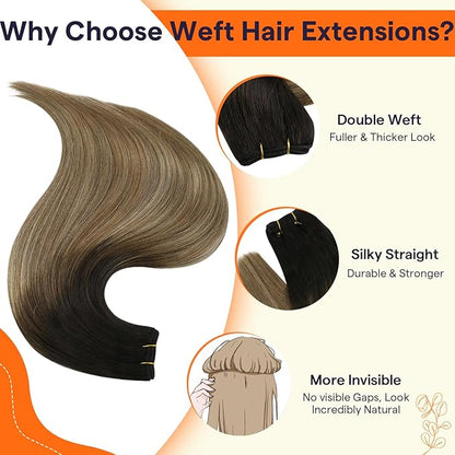 Full Shine Weft Hair Extensions Human Hair Invisible Sew In Hair Extensions Real Human Hair Sew In Extensions Remy Hair Balayage Weft Extensions Color Natural Black To Light Brown Mix Blonde 22 Inch