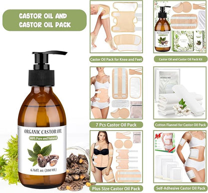 7 Pcs Castor Oil Pack Wrap with Flannel Cloth, Organic Cotton Castor Oil Pack Kit for Knee Wasit Breast and Neck, Castor Oil Compress Pads with Adjustable Elastic Straps (Oil Not Included)