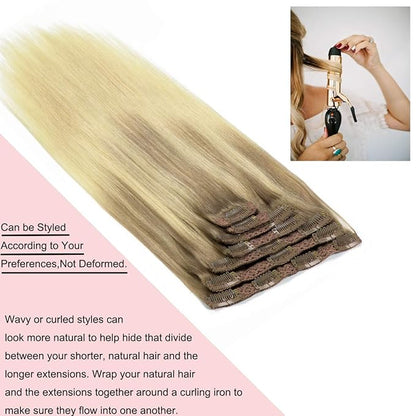 Loxxy 22 Inch Clip in Hair Extensions Remy Human Hair 140g 7pcs 16 Clips Silky Straight 100% Real Balayage Human Hair Extensions in B#8/60 Light Brown Fading to Platinum Blonde Color