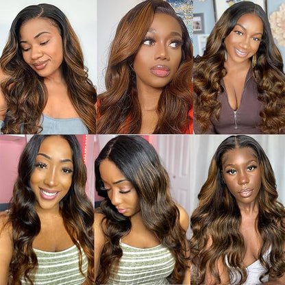 Highlight Bundles Human Hair Brown Body Wave Bundles 12 14 16 Inch Brazilian Unprocessed Virgin Remy Hair Extensions Niegmeag Hair 2 Tone Black and Light Brown Bundle