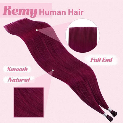 YoungSee Itip Human Hair Extensions Magenta I Tips Hair Extensions Real Human Hair Red 22 Inch Tip Hair Extensions Colored 25g Red Itip Hair Extensions for Party Highlights 25s Remy Hair Extensions