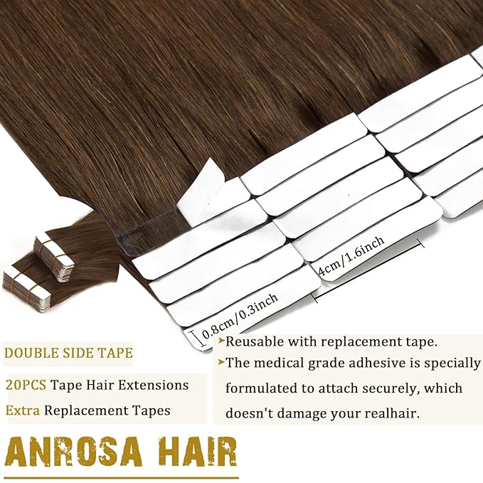 Anrosa Hair Extensions Tape in Color Chocolate Brown 18 Inch 20 Pcs 50g Fashion Tape in Extensions Silky Straight Brazilian Hair