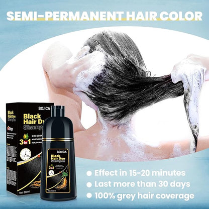 Black Hair Dye 3 in 1 Shampoo for Gray Hair, Herbal Ingredients for Women&Men, Dye in Minutes/Semi-Permanent/(17.6 FL OZ)