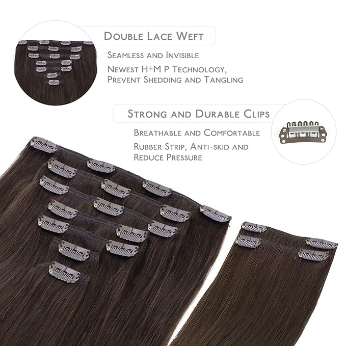 Wennalife Clip in Human Hair Extensions, 16 Inch 150g 9pcs Extensions Real Hair, Light Dark Brown Remy Ins Double Weft, #2A