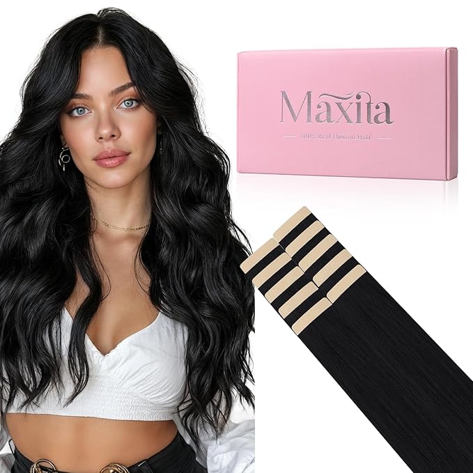 MAXITA Tape in Hair Extensions Human Hair Jet Black 24 Inch 30g 10pcs Remy Human Hair Extension Straight Seamless Real Hair Extensions Tape in Extensions for Women