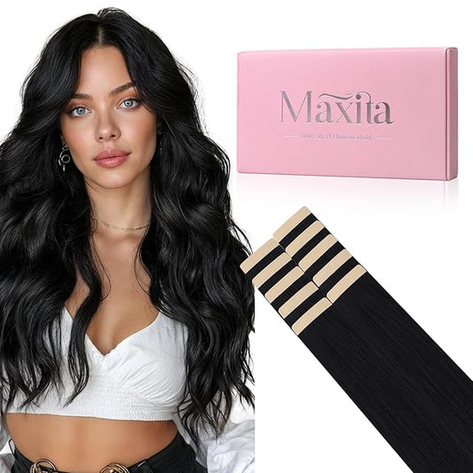 MAXITA Tape in Hair Extensions Human Hair Jet Black 24 Inch 30g 10pcs Remy Human Hair Extension Straight Seamless Real Hair Extensions Tape in Extensions for Women