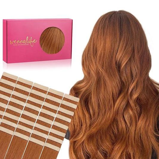 WENNALIFE Tape in Hair Extensions Human Hair, 40pcs 100g 14 inch Dirty Ginger Hair Extensions Real Human Hair Straight Tape in Extensions Invisible Human Hair Extensions Reusable Real Hair Extensions
