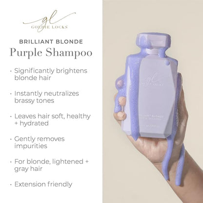 Goldie Locks Brilliant Blonde Purple Shampoo for Blonde, Lightened, Grey Hair, Extensions, Significantly Brightens, Tones, Eliminates Brass, Sulfate-Free, Nourishing, Moisturizing Leave-In, 33.8 Fl Oz
