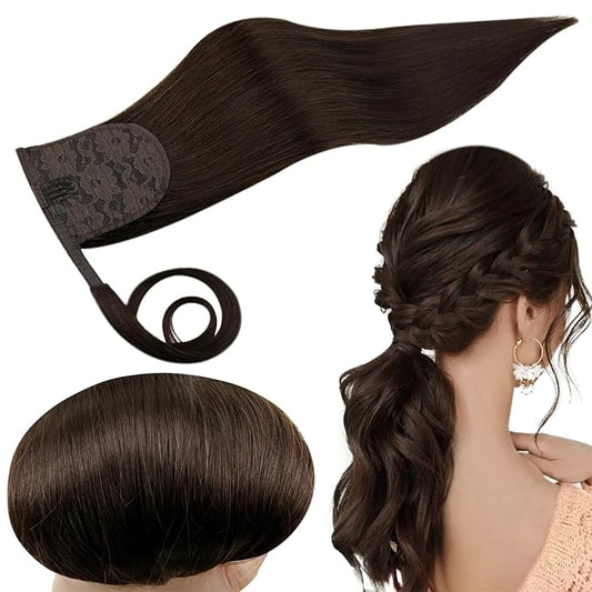 RUNATURE Ponytail Extension Real Human Hair, Natural Ponytail Hair Extensions, Straight Brazilian Pony Tail Human Hair Extensions, Silky Hair 18 Inch 80g #2 Darkest Brown