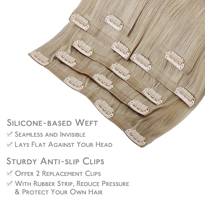 WENNALIFE Seamless Clip In Hair Extensions, 18 Inch 7pcs 130g Ombre Ash Blonde to Golden Blonde Balayage Platinum Blonde Hair Extensions Clip In Invisible PU Weft Real Human Hair Extensions Clip In