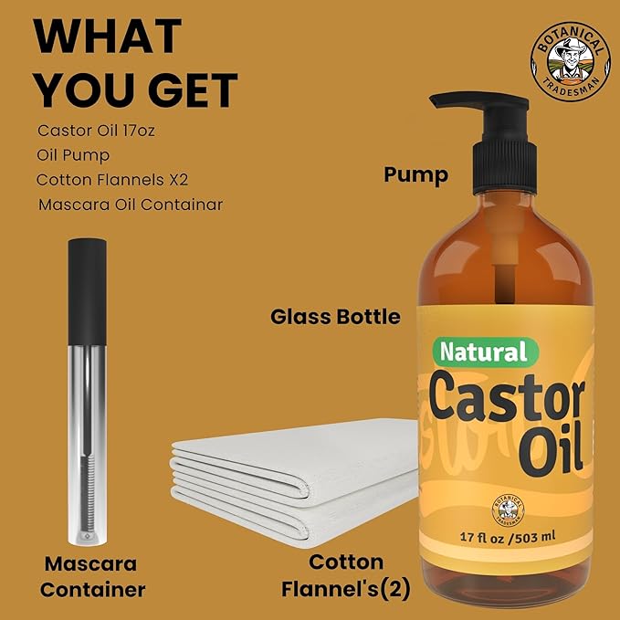 Organic Castor Oil (17 oz) Glass Bottle-100% Pure, Cold-Pressed, Hexane-Free, with 2 Resuable Organic Cotton Flannel Pack Wraps and Mascara Container for Skin, Hair, Eyelash's & Eyebrow's