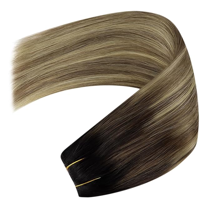YoungSee Wire Hair Extensions Real Human Hair Balayage Wire Extension with Adjustable Clips Dark Brown Roots Blending into Medium Brown with Warm Blonde Highlights Remy Human Hair Extensions 18In 80G