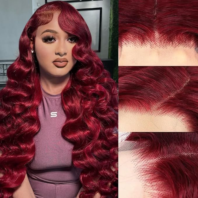 99J Burgundy Lace Front Wigs Human Hair Loose Body Wave Wigs 13x6 Burgundy Wig Human Hair 24Inch Pre Plucked 220% Density Dark Burgundy DeepWave Wig for Women Loose Wave HumanHair 99J Red Wigs
