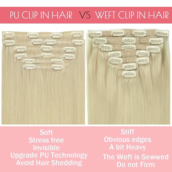 Loxxy Real Hair Extensions - Invisible 16Inch 7Pcs 130G Platinum Blonde Seamless Clip in Hair Extensions Human Hair Silky Straight PU Clip ins For Women