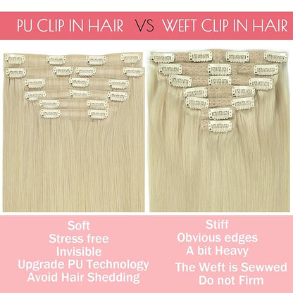 Loxxy Real Hair Extensions - Invisible 16Inch 7Pcs 130G Platinum Blonde Seamless Clip in Hair Extensions Human Hair Silky Straight PU Clip ins For Women