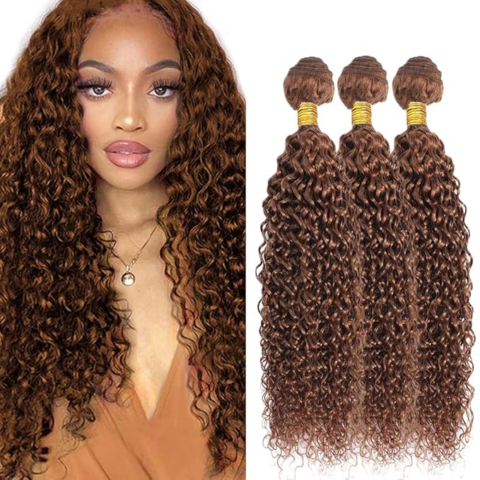 Color #30 Water Wave Bundles Light Brown Human Hair 3 Bundles 22 24 26 Inch Niegmeag Double Weft Light Brown Wet and Wavy Bundle 300g
