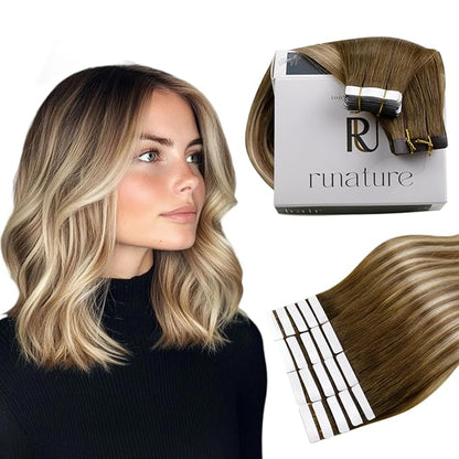 RUNATURE 20 Inch Nano Bead Hair Extensions Human Hair Balayage Brown to Blonde Silky Nano Link Hair Extensions Human Hair Remy Pre Bonded Straight 50g 50s